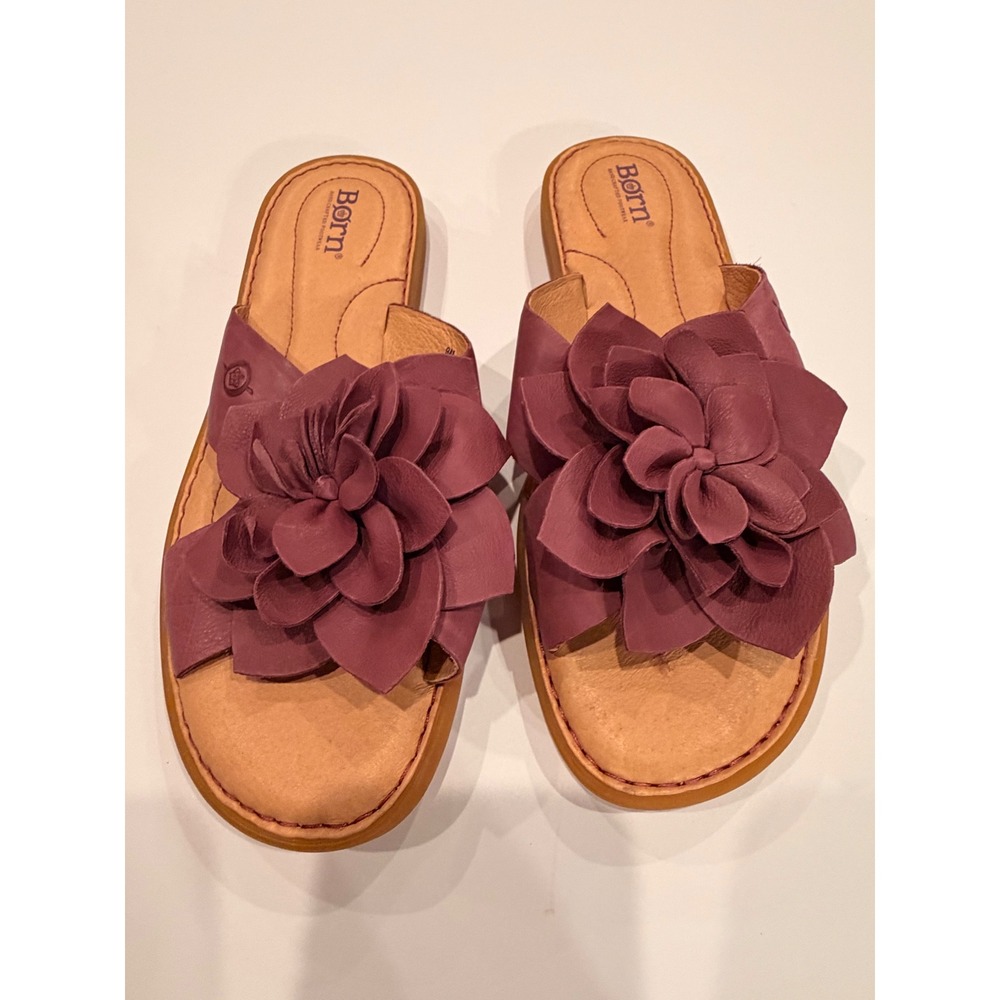 Born Womens Leather Flower Slide Sandals Burgundy Berry Flat BR0046519 9M